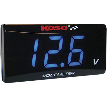 The Super Slim Volt Meter by Koso North America features blue digital digits on a 2.22 x 1.06 display, labeled VOLTMETER below, ideal for monitoring battery voltage in a compact design.