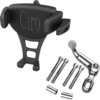 The Phone Holder Constrictor Black Chrome Offset Perch Mount by Ciro features an adjustable grip, four silver bolts, an adjustable foot base, a ball mount arm, and two striped metal pieces displayed on a white background.