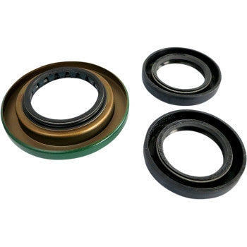Three round seals from the Differential Seal Kit Rear by Epi, known for oil resistance, are shown on a white background: a large brown and green seal on the left and two smaller black seals on the right—ideal for rear differentials.