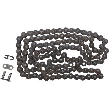 The 428 HD Standard Drive Chain 120 Links by Did is displayed flat in a zigzag pattern with its connecting link and two small bolts next to it on a white background.