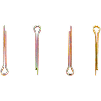 Set of four metallic cotter pins, featuring looped heads and straight bent shanks, in silver and brass tones.