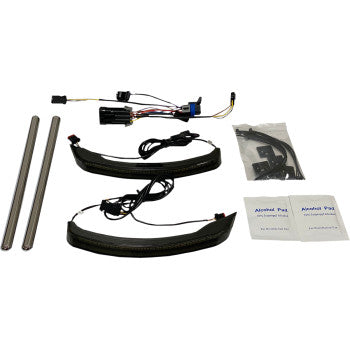 Indian Saddlebag Lights - Low Profile - Smoke Lens by Custom Dynamics, shown on a white surface, includes two metal tubes, two curved LED strips with attached wires, wiring harness, mounting brackets, and two alcohol pads.