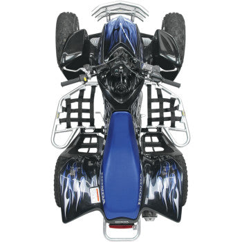 Top view of Nerf Bars Honda TRX R Silver by Motorsport Products installed on an ATV with flame fender designs, blue seat, metal extruded aluminum footrests, knobby tires, and visible handlebars and controls.