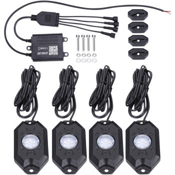 The LED Rock Light Kit by Brite-Lites includes four color-changing LED rock lights with long cables, a control box with wiring, four mounting brackets, and hardware—all essentials for UTV accessories.