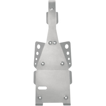 The Yamaha Raptor Swingarm Skid Plate by Motorsport Products is a durable, metallic plate with multiple cut-outs, a tapered top, and a wide base with mounting points—perfect for protecting your ATV’s rear brake rotor and swingarm.