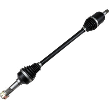 Heavy-duty black metal axle with rubber accordion boots on both ends and a splined shaft tip.