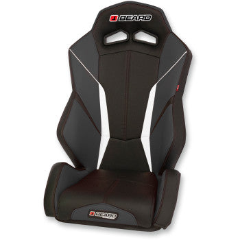 The Seat Torque V2 Front Black by Beard Seats is a black and gray racing-style seat with angular design, white accents, marine-grade vinyl, four-point harness compatibility, and the Beard logo on the headrest and cushion—ideal for off-road or performance vehicles.