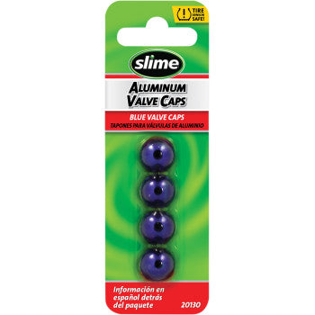 The Valve Stem Caps Blue 4 Pack by Slime includes four blue caps in a row on green packaging, with English and Spanish text. Ideal as general replacement parts.