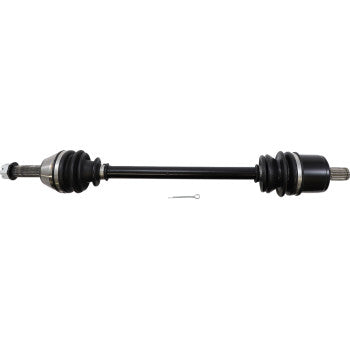 Black metal CV axle shaft with rubber boots on both ends and metal joints, including a small silver cotter pin below.