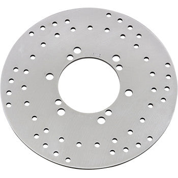The Polaris ATV Brake Rotor by Ebc is a round, flat carbon steel disc featuring a large central hole and multiple smaller, evenly spaced scraper holes on its smooth, brushed metal surface.