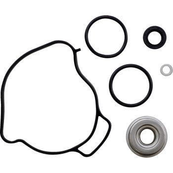 The Can Am Water Pump Rebuild Kit by Moose Offroad includes five black rubber O-rings in assorted sizes, a metal washer, and a metal ball bearing—perfect for rebuilding or replacing your mechanical water pump seal.