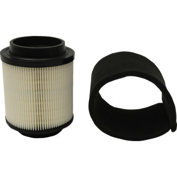 The Polaris Replacement Air Filter by All Balls features a cylindrical pleated cellulose filter with a black plastic frame and a separate black foam sleeve, both OEM replacements, displayed on a plain white background.