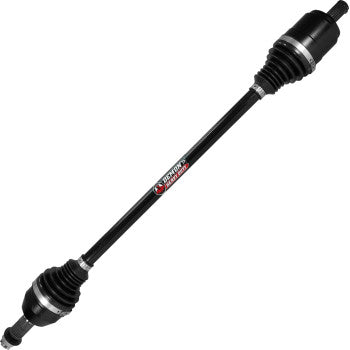 The Polaris RZR Axle Lift Kit Heavy Duty Front Left & Right by Demon features black chromoly steel axle shafts with CV joints, rubber boots on both ends, and a Heavy Duty label in the center for enhanced vehicle drivetrain connection.