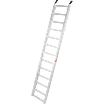 The Straight Ramp 6' x 14" by Motorsport Products, made of silver aluminum with black rubber-capped ends, is shown leaning at an angle against a white background.