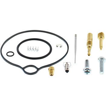 The Kawasaki Carburetor Repair Kit by Moose Offroad includes NBR rubber O-rings, gaskets, metal screws, jets, a spring, needle valve, and small hardware—all neatly arranged on a white background.