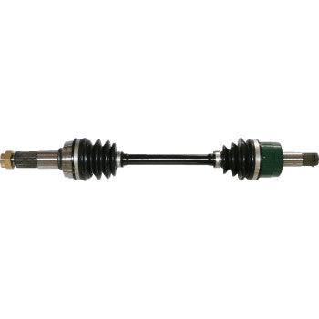 Black metal Yamaha Grizzly CV axle with rubber boots and metal shaft ends for front right replacement.