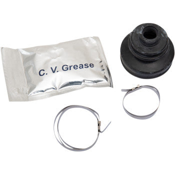 Black rubber CV boot with two silver metal clamps and a silver packet labeled C.V. Grease.