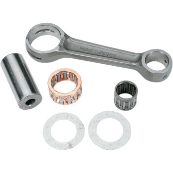 The Polaris Connecting Rod Kit by Hot Rods includes an OE replacement 8620 AISI steel connecting rod, two caged needle roller bearings, a cylindrical pin, and two flat washers, all displayed on a white background.
