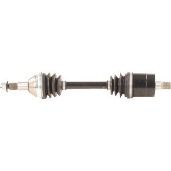 Black and silver metal CV axle with rubber protective boots on both ends for offroad vehicle replacement.