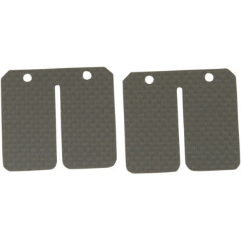 The Yamaha Super Stock Reed Set Carbon by Boyesen includes two OEM-spec carbon fiber reed valve petals, each with a vertical slit and two top holes, shown side by side on a white background.