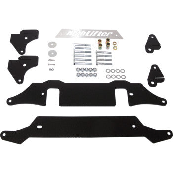 Assorted black metal brackets, a silver “High Lifter” plate, bolts, nuts, washers, and hardware are arranged on a white background as components of the Lift Kit Front Back 1.00 by High Lifter for increased ATV clearance.