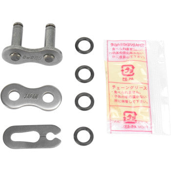 The 520 O-Ring Series Clip Connecting Link by Parts Unlimited includes metal link plates, two chain pins, four black O-rings, a small wrench, and grease packet, all displayed on a white background.