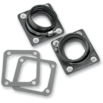 Two black Yamaha Intake Manifolds 38 mm 39 mm by Moose Offroad with metal hose clamps and four mounting holes each, shown alongside three rectangular rubber gaskets with rounded corners and large central openings.