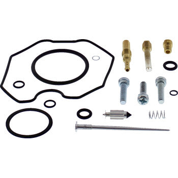 The Honda Carburetor Repair Kit by Moose Offroad includes NBR rubber O-rings, gaskets, screws, jets, a needle, spring, and small metal fittings neatly arranged on a white background.