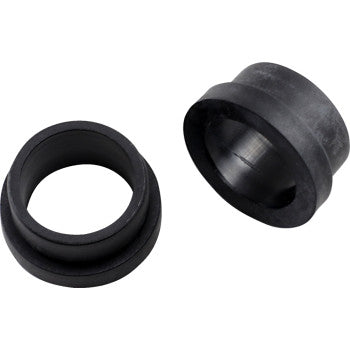 The image shows two black Epi Shock Bushings (1.005 OD x 0.57 H x 0.828 ID x 1.2 Flange OD, 2 Pack), one upright and the other on its side to display both the inner and outer surfaces.
