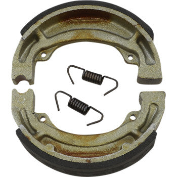 A pair of Kawasaki - Suzuki Brake Shoes by Dp Brakes, arranged in a circular shape with two coiled springs in the center, displayed on a plain white background and designed for fade-free performance.