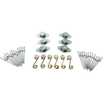 Set of silver metal self-eject springs with matching screws and flush mount brackets arranged on white background.
