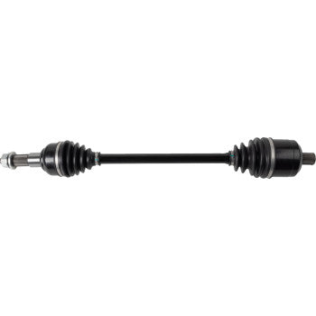 The Kawasaki KRX 1000 Axle Kit Complete Standard Rear Left by Moose Offroad features a black chrome-moly steel axle with precision-ground components and rubber boots on both ends, shown against a white background.