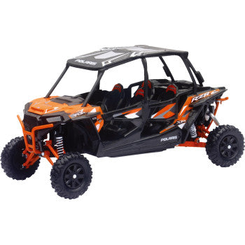 The Polaris RZR XP 4 Turbo EPS 1:18 Scale Spectra Orange by New Ray Toys is a black and orange collectible with a roll cage, four seats, and rugged tires—perfect for all-terrain adventures.