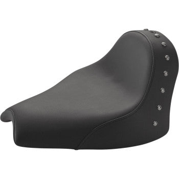 The Renegade Solo Seat - Black - Studded by Saddlemen features a raised backrest, decorative silver studs, a smooth contoured design, and a GelCore interior for optimal comfort and support.
