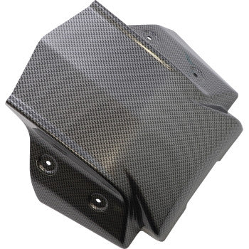 Close-up of the Intake Cover Black Carbon by Maier, featuring a glossy carbon fiber look, four mounting holes, and crafted from high-density polypropylene to match OEM Maier bodywork for lasting durability.