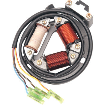 The Suzuki High Output Stator by Rick's Motorsport Electric features three coils—two with copper wire, one with white—on a black frame, colored wires, green connectors, and OEM-style stators for reliable performance.