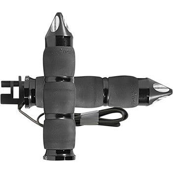 The Indian Heated Grips - Air Cushion - Spike - Black by Avon Grips feature chrome-accented ends, textured rubber surfaces, and an electronic wire, shown on a white background.