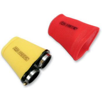 The Yamaha Replacement Air Filter Pro Flow by Pro Design includes two dual-stage foam filters—one yellow with black trim, one red—both designed to improve airflow for off-road or performance vehicles over stock air filters.