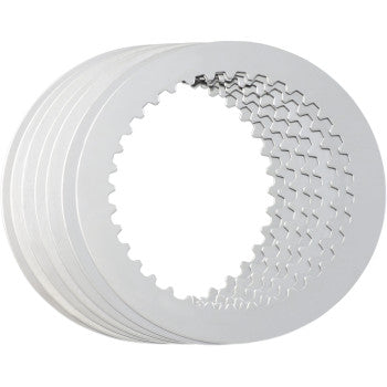 The Clutch Plate Kit Steel by Hinson Racing features five metallic plates with internal grooves, displayed fanned out on a white background—perfect for use with OEM or Hinson clutch baskets.