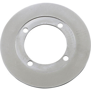 The Yamaha UTV Brake Rotor by Ebc is a silver carbon steel rotor with a smooth surface, large central hole, and four evenly spaced mounting holes. The plain white background highlights its design for improved brake pad life.