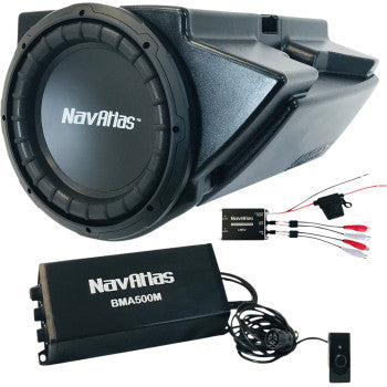 The Subwoofer Kit 10" by Navatlas includes a powerful dual-voice coil subwoofer, Class-D amplifier, control box with wiring, and a compact remote, all featuring the NavAtlas logo.
