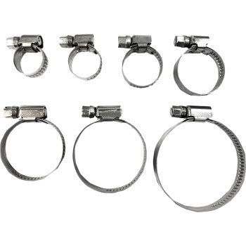 Seven Parts Unlimited Embossed Hose Clamps, each 8-12 mm, are arranged in two rows on a white background. Each clamp has a corrosion-resistant, low-profile band and screw mechanism for secure tightening or loosening around hoses or pipes.
