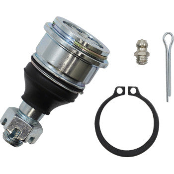 The Ball Joint Upper Lower by Moose Offroad is a heavy-duty metal assembly featuring a nut, black rubber boot, snap ring, greased zerk fitting, and metal cotter pin, shown on a white background.