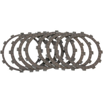 Eight circular Clutch Friction Plates by Prox with notched edges are stacked in a slightly overlapping arrangement against a white background, offering easy replacement and optimal performance.