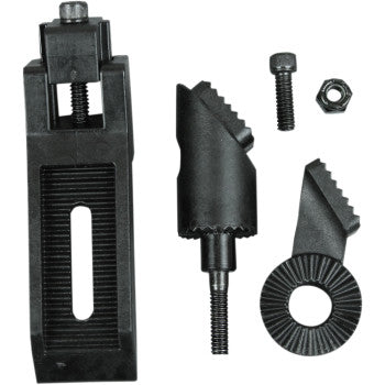 The Adapter Mirror Rear View Sun Visor Roll Cage Black by Atv-Tek includes a bracket, 2 adjustment knobs, toothed washer, screw, and hex nut—perfect for mounting a sun visor or center mirror to Polaris Pro-Fit roll cages.