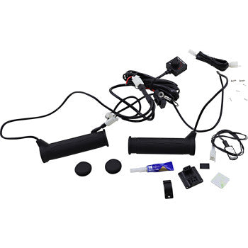 The ATV Heated Grip Kit with LED Indicator Snow Thumb Warmer by Koso North America includes two black heated grips, a wiring set, adjustable heat control with LED indicator, adhesive glue, hardware, and connectors—displayed on a white background.
