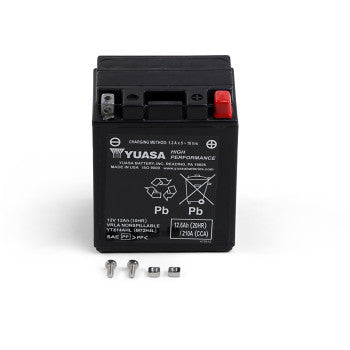 Compact black AGM battery with red positive terminal, black negative terminal, and white Yuasa branding on front.
