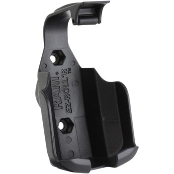 Black plastic wall-mounted cradle, labeled Device/Phone Cradle Garmin eTrex by Ram Mounts, made from high-strength composite, holds a device securely with two screw holes for mounting and a curved top section.
