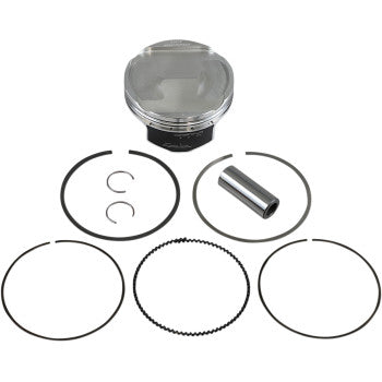 The Polaris Piston Kit 93.00 mm by Wiseco includes a forged 4-stroke piston, rings, circlips, wrist pin, and spacer—all arranged on a white background for an optimal strength-to-weight ratio.