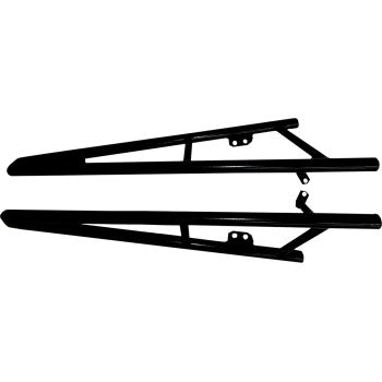 Black tubular metal nerf bars with mounting brackets designed for Polaris RZR 1000 offroad vehicle.